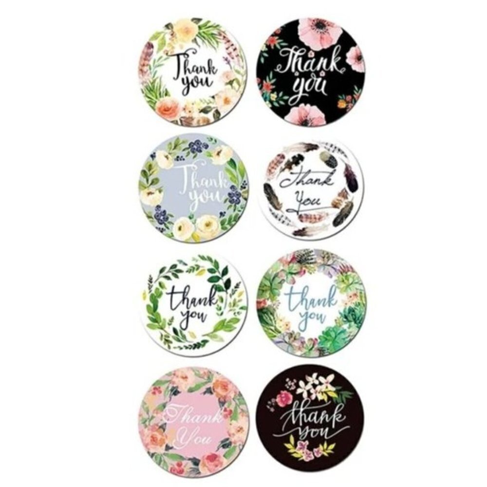 500 Floral Multicolor Thank You Stickers 1" circle